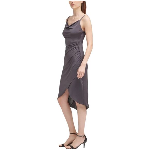 NWT Guess Draped Front Ruched Stretch Midi Faux Wrap Retro Slip Party Dress 12 - Picture 5 of 11